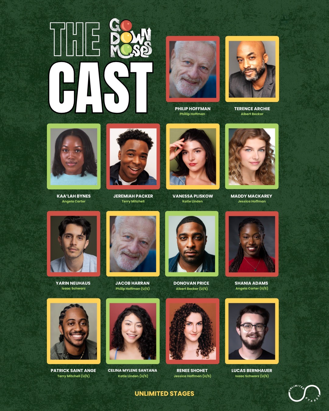 The Cast announcement graphic, sixteen actor headshots in red, yellow, and green frames with character names, Unlimited Stages