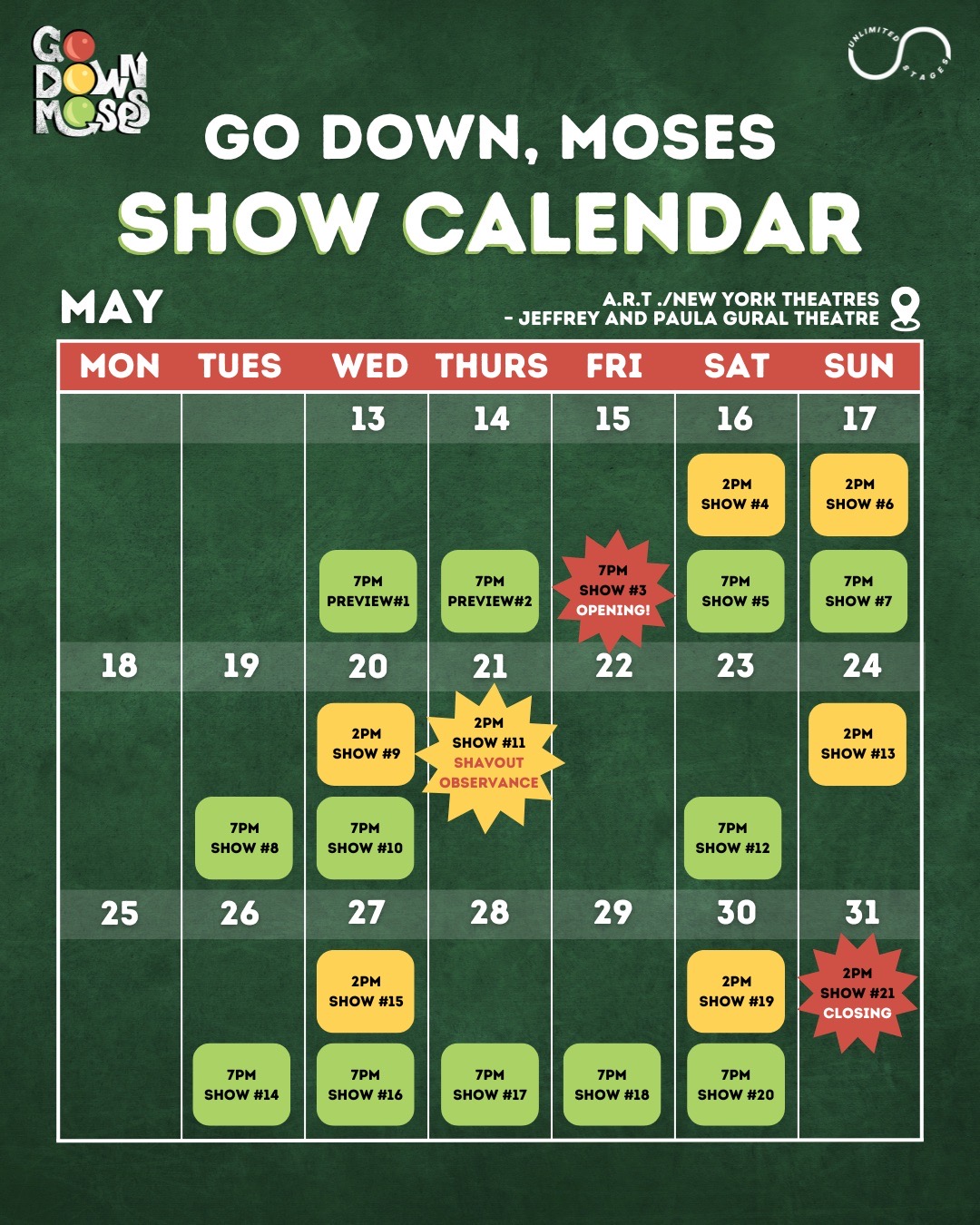 Go Down, Moses show calendar for May 2026, dark green calendar grid marking previews, opening night, and twenty-one scheduled performances at A.R.T./New York Theatres