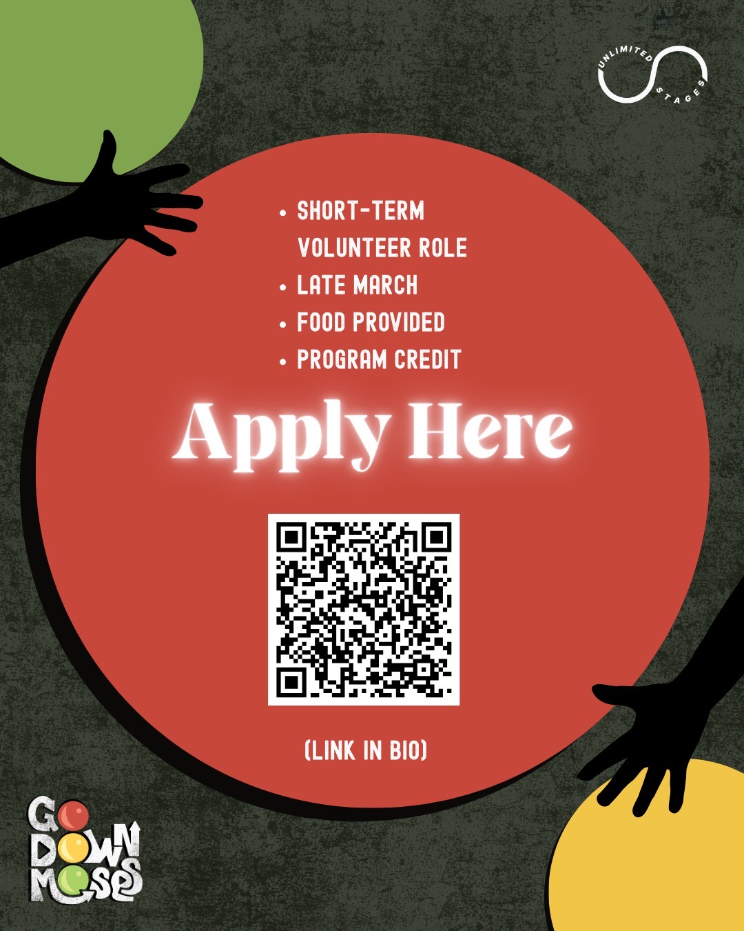 Apply Here graphic with a QR code, red circle listing short-term volunteer role, late March, food provided, and program credit