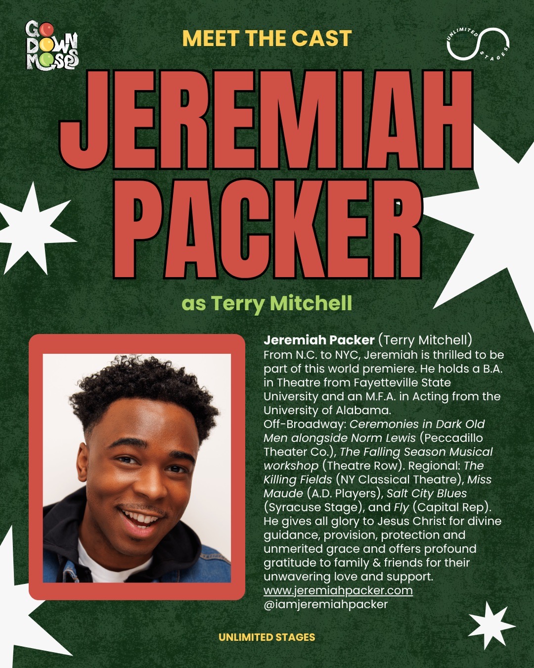 Meet the Cast spotlight card for Jeremiah Packer as Terry Mitchell, red-bordered headshot and bio on a green background