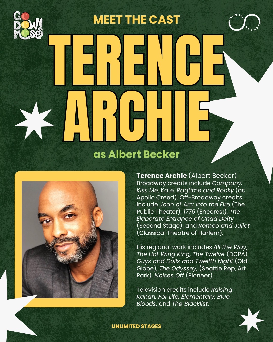 Meet the Cast spotlight card for Terence Archie as Albert Becker, gold-bordered headshot and bio on a green background