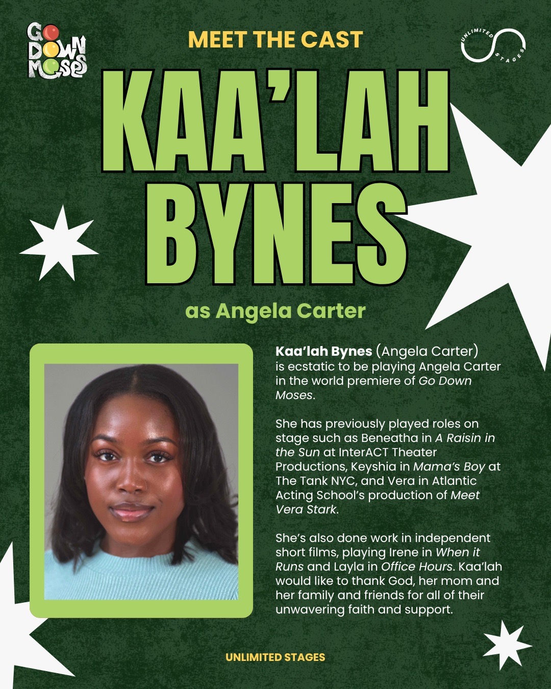 Meet the Cast spotlight card for Kaa'lah Bynes as Angela Carter, green-bordered headshot and bio on a green background