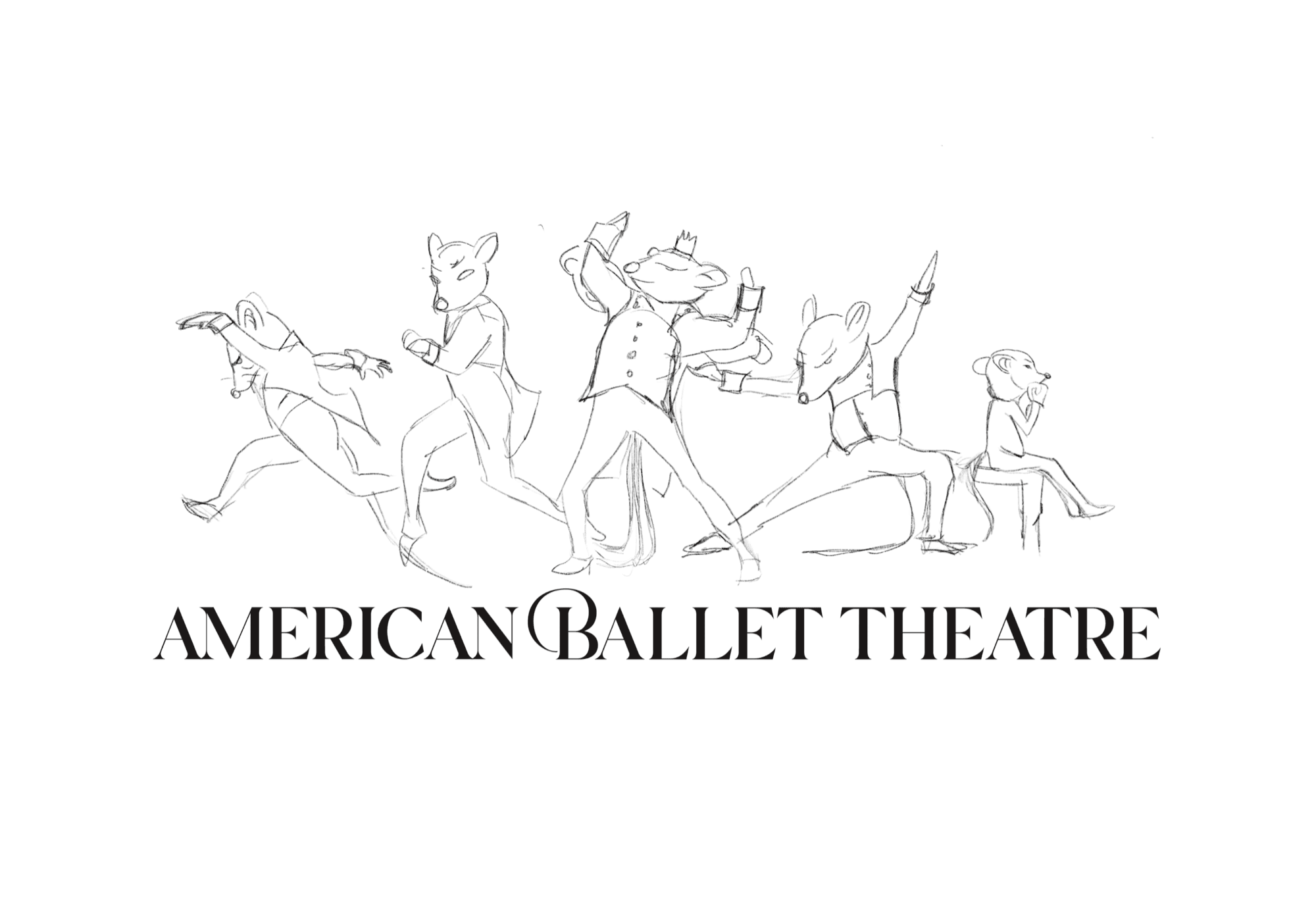Pencil sketch of five mice in tailcoats kicking through a dance line above the American Ballet Theatre wordmark, the center mouse wearing a crown