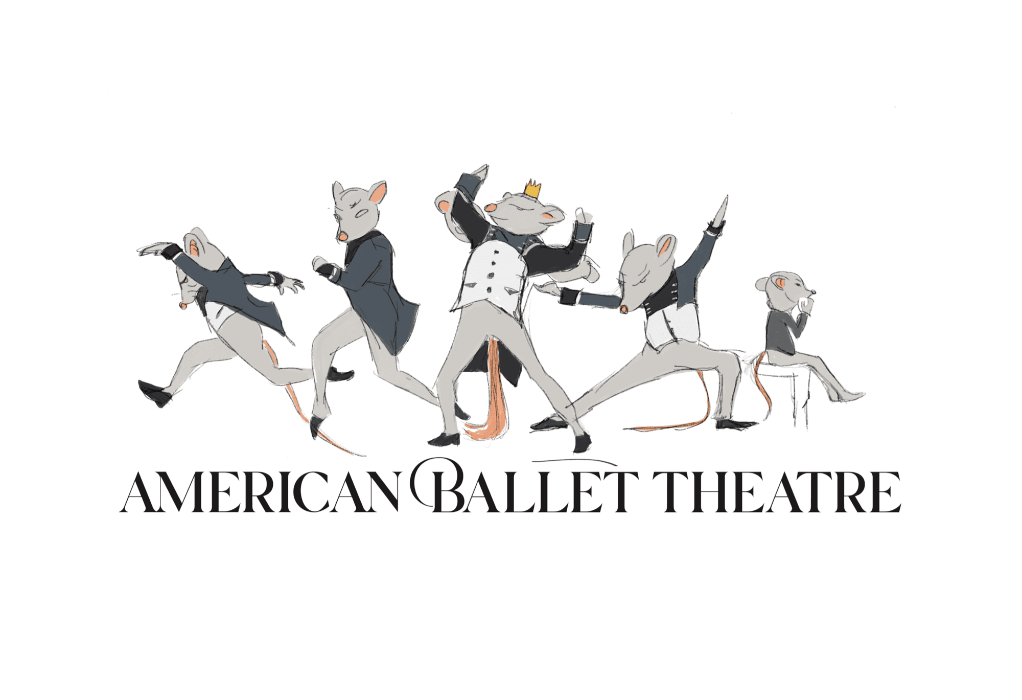 Colored draft of the same five-mice kick line above the American Ballet Theatre wordmark, the crowned Mouse King at center