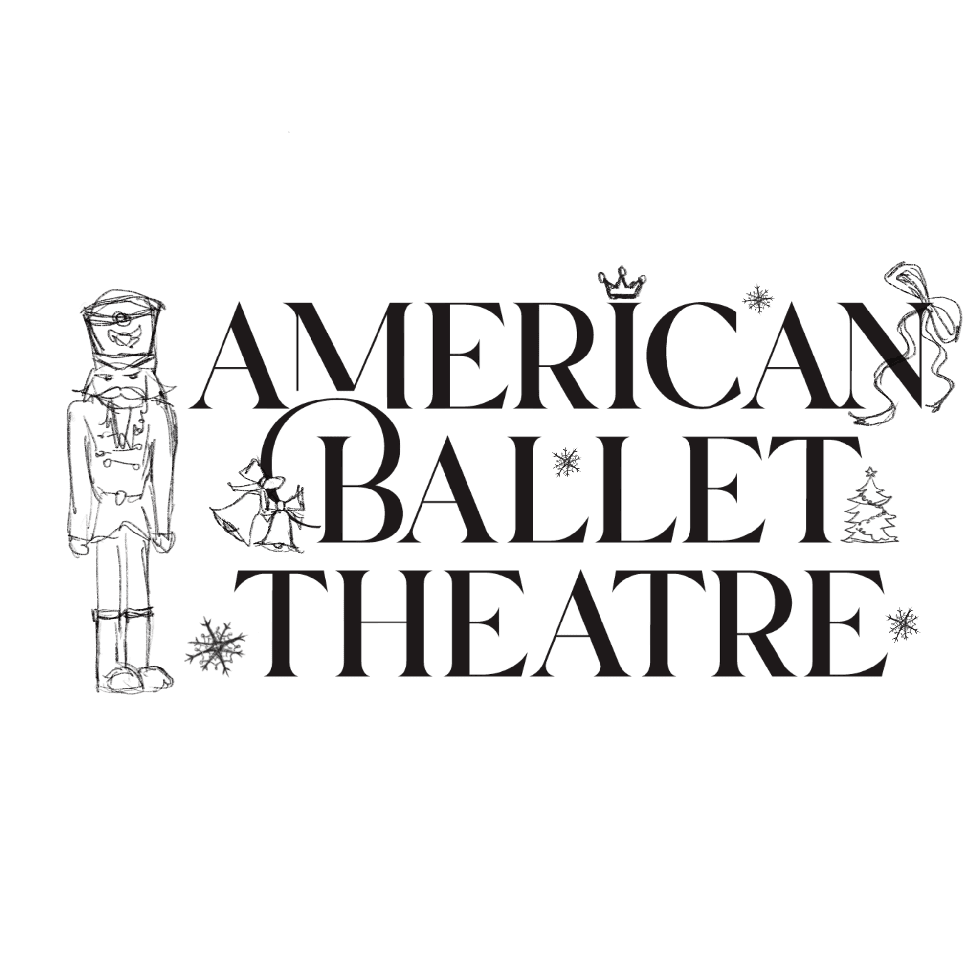 Colored draft of the same Nutcracker soldier and holiday ornaments tucked through the wordmark