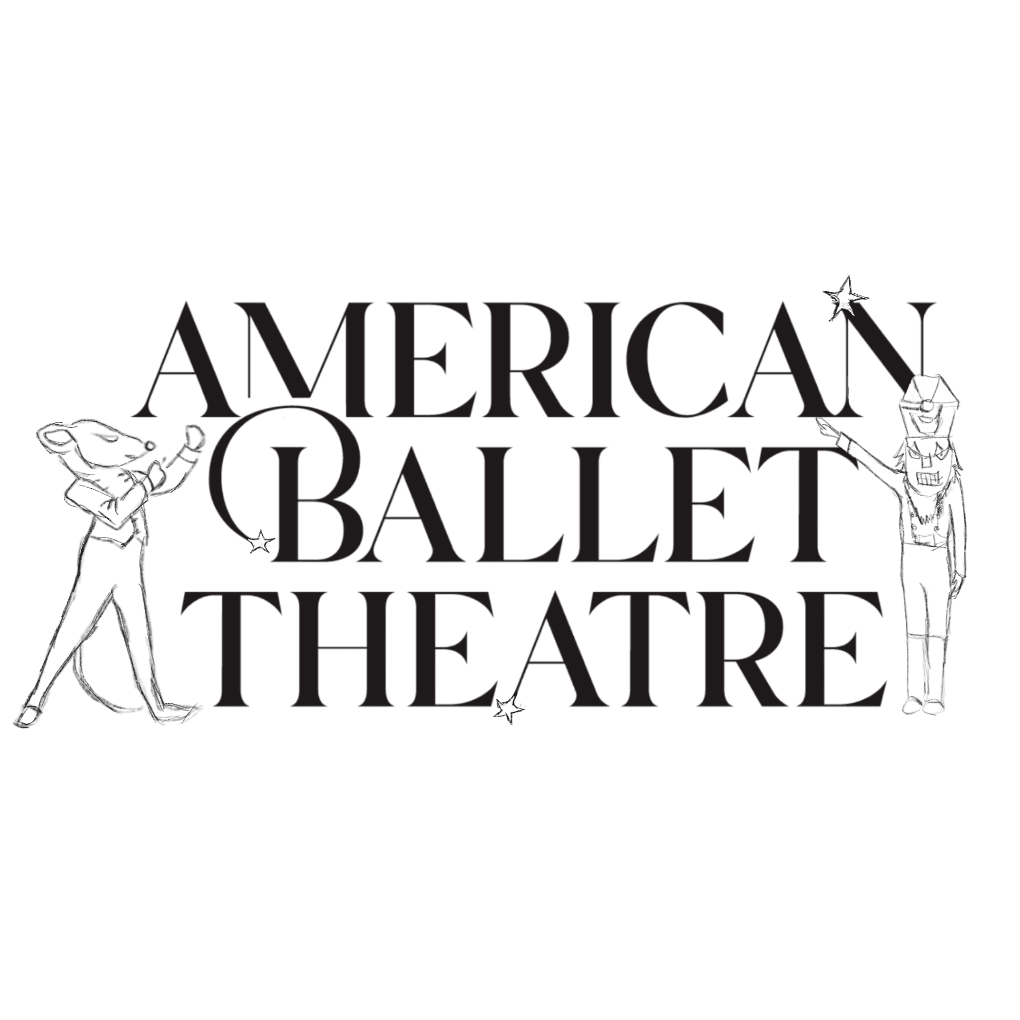 Pencil sketch of a mouse and a Nutcracker toy soldier flanking the American Ballet Theatre wordmark, the soldier reaching toward a star