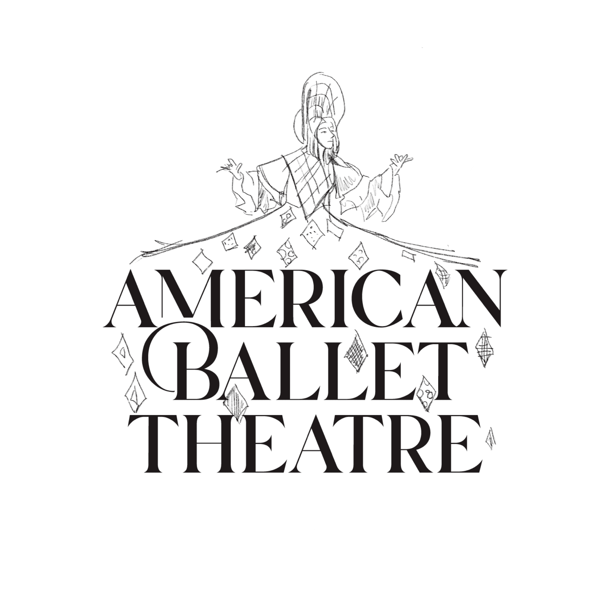 Pencil sketch of a figure in a patchwork harlequin costume, arms spread wide, perched atop the American Ballet Theatre wordmark like Mother Ginger's headdress