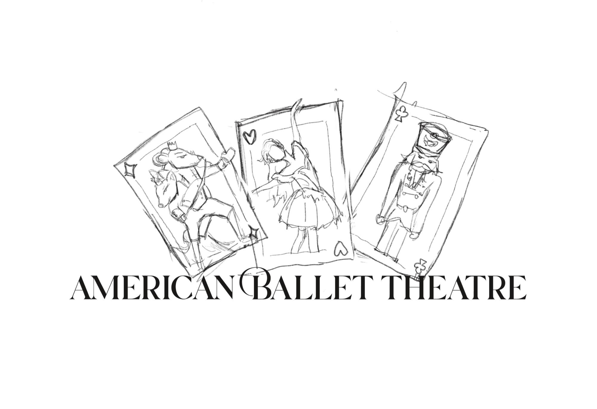 Pencil sketch of a caped Mouse King with a sword, a ballerina en pointe reaching toward him, and a Nutcracker soldier standing at attention, flanking the American Ballet Theatre wordmark