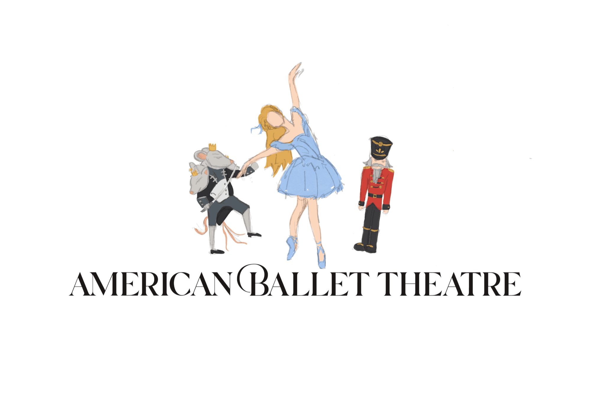 Colored draft of the same Mouse King, ballerina, and Nutcracker soldier flanking the wordmark