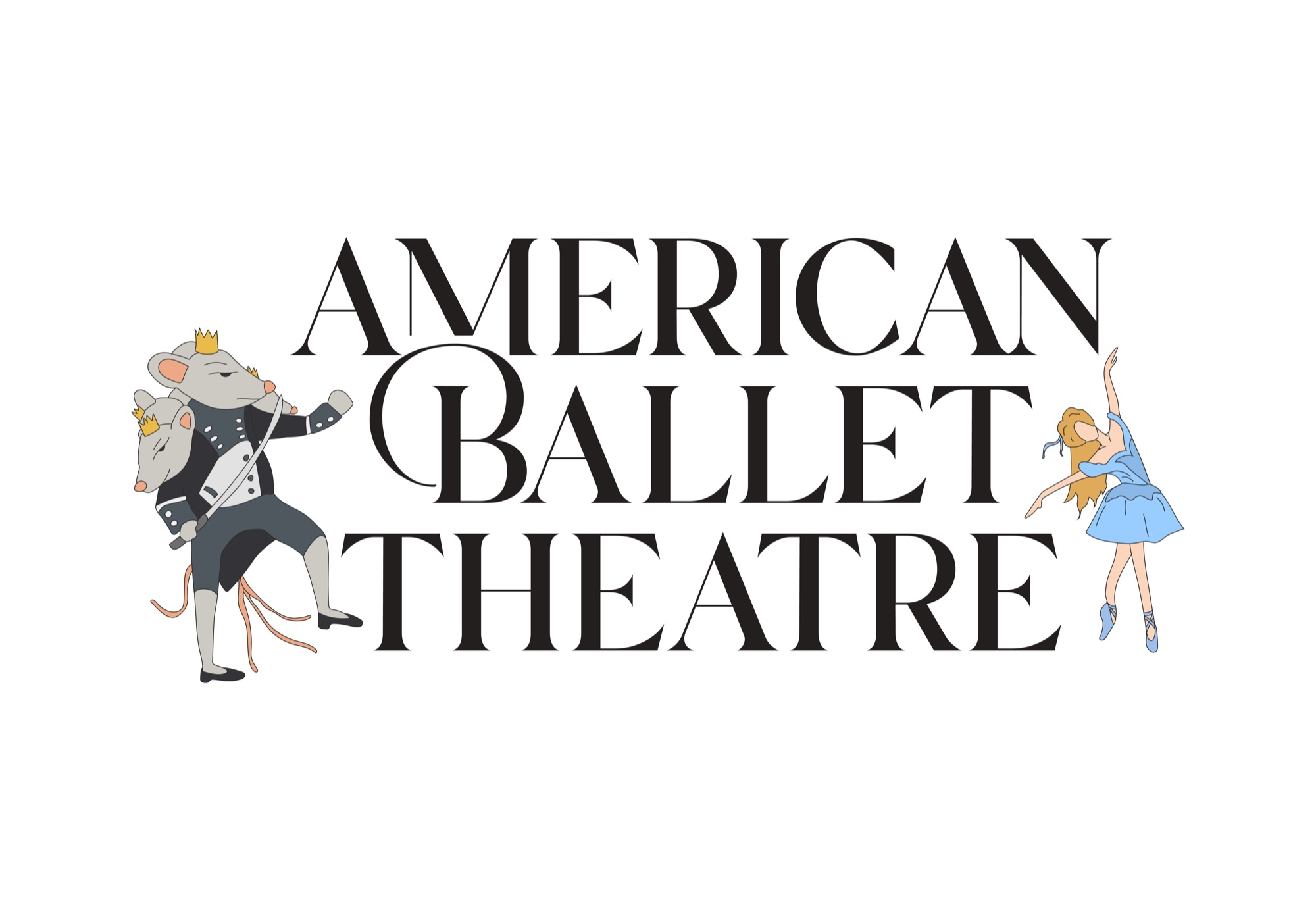 Final vector pairing a two-headed, crowned Mouse King with a ballerina in a pale blue tutu, flanking the American Ballet Theatre wordmark