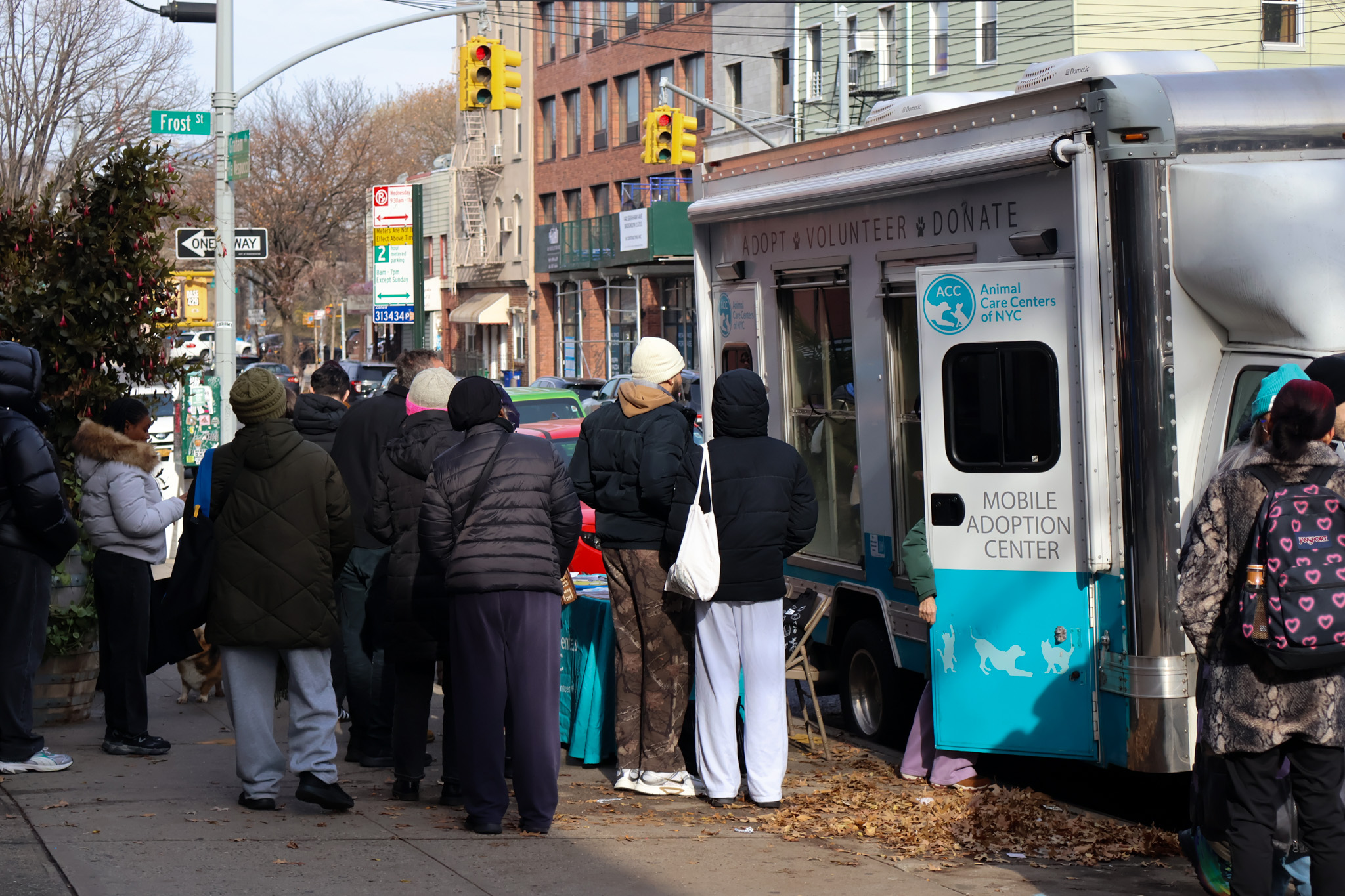 A line of visitors in winter coats waiting outside the Animal Care Centers of NYC mobile adoption truck on a Brooklyn street corner