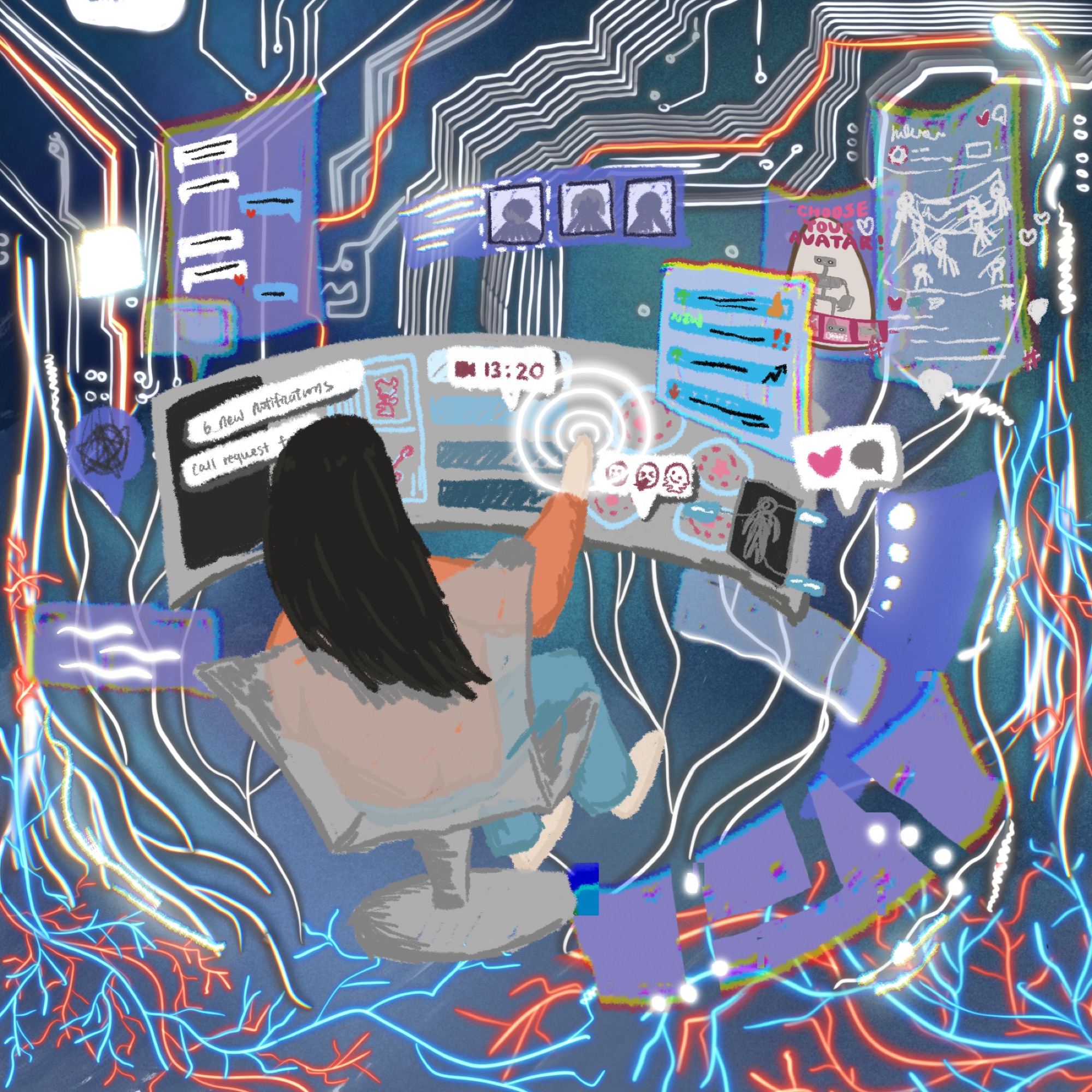 Terminally Online illustration, a collage of glowing screens and social media notifications