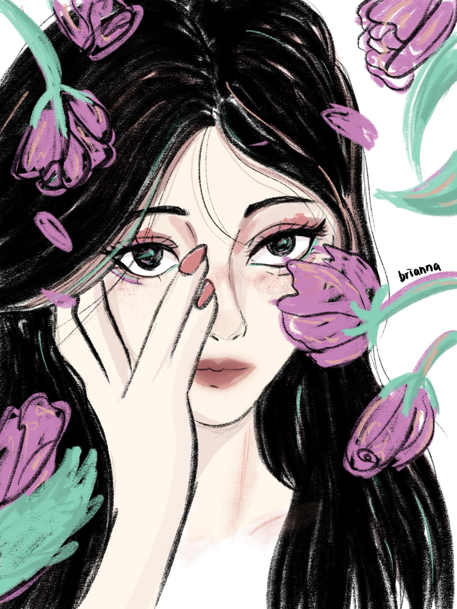 In Bloom, a portrait illustration surrounded by tulips, signed brianna