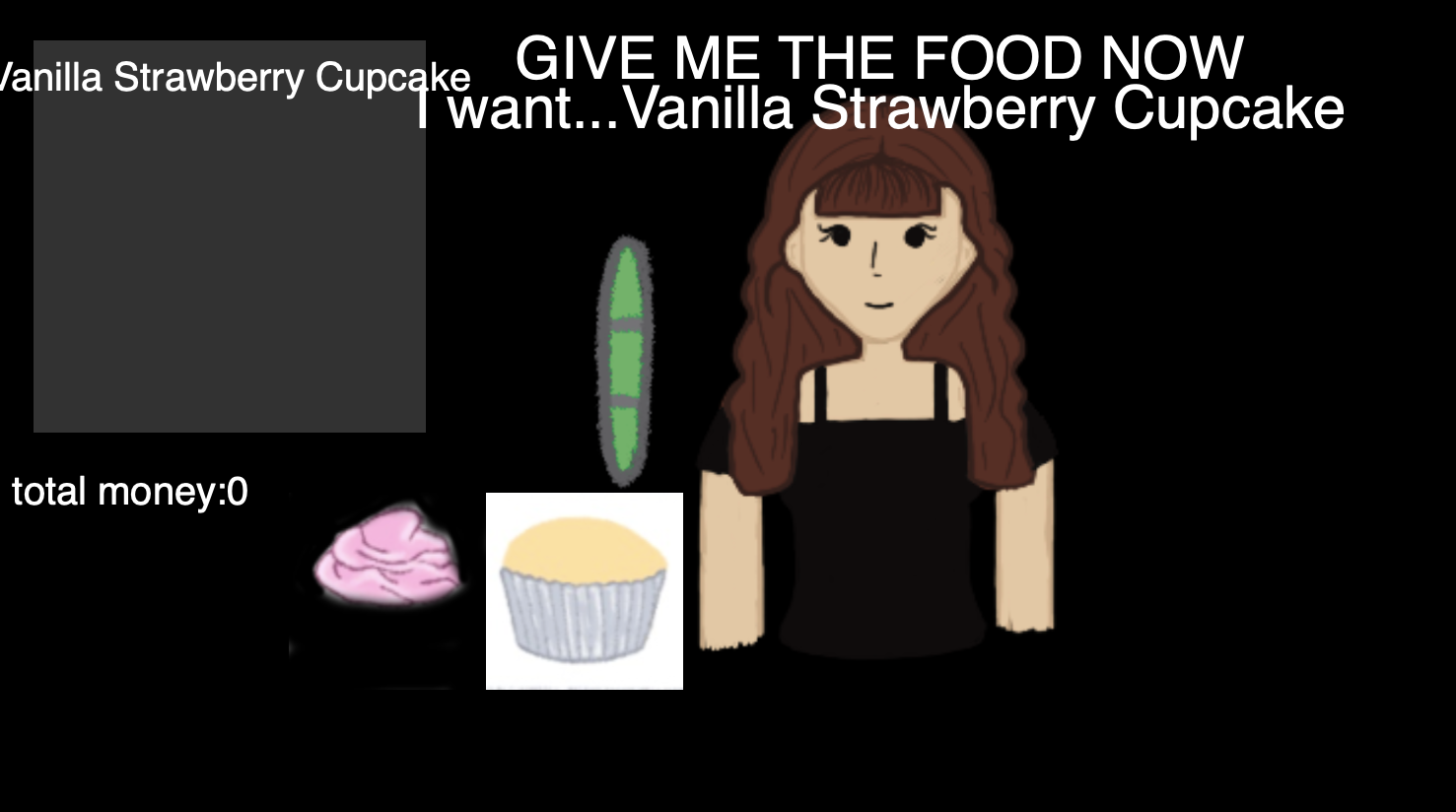 Mid-development screenshot — a customer requesting a vanilla strawberry cupcake, with a base and frosting ready to assemble and a patience bar at full green