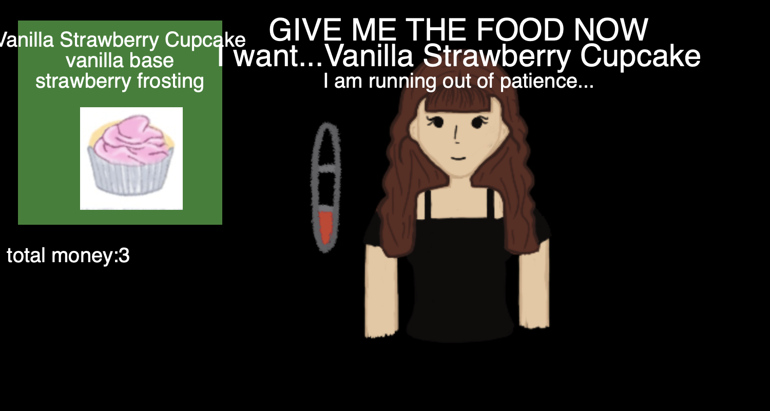 Mid-development screenshot — the same order served correctly against a green background, with the patience bar nearly empty and red