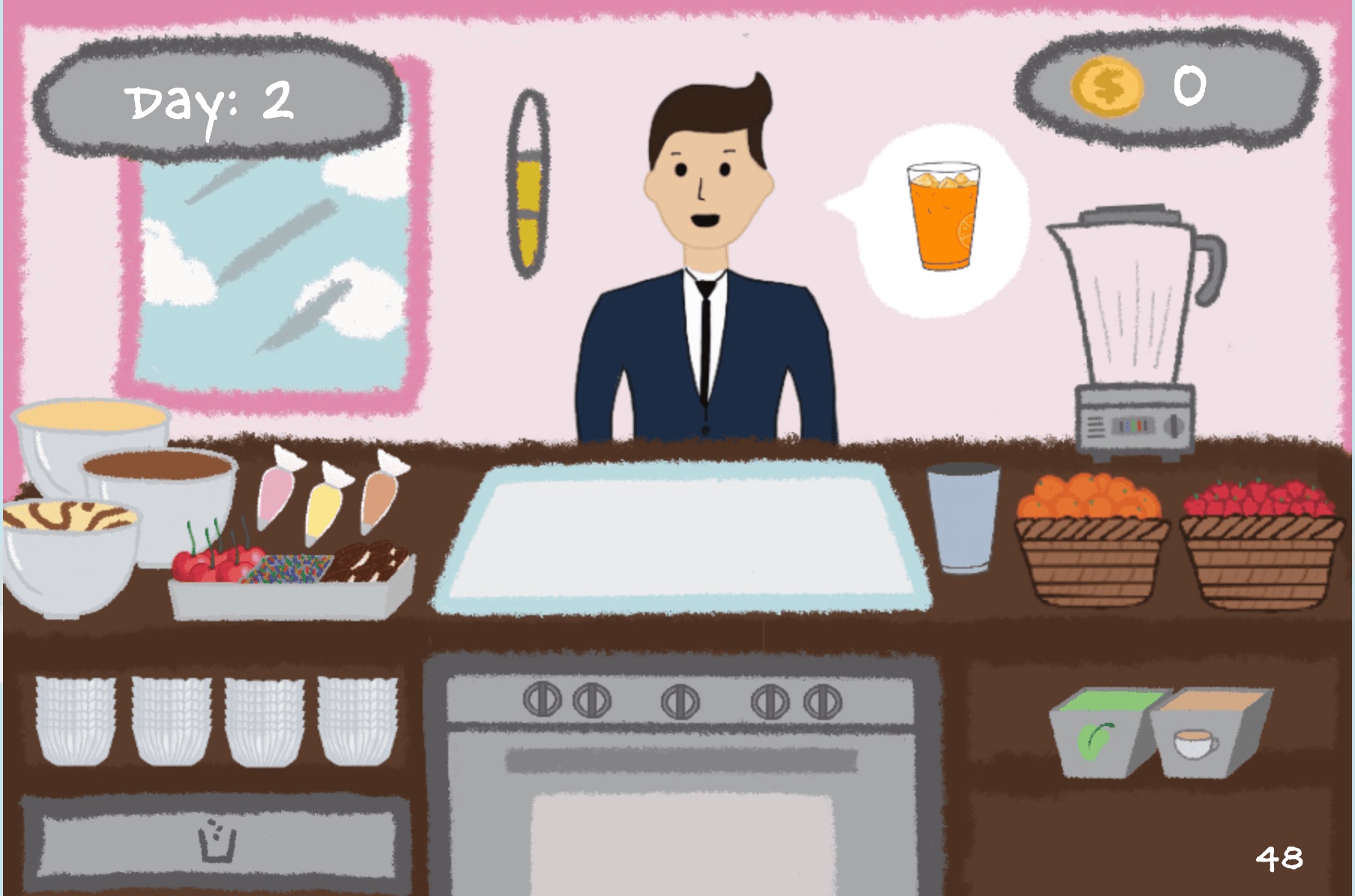 Finished-game screenshot — a customer requesting an iced orange drink, with ingredients, cups, and a blender laid out across the counter and zero coins earned so far