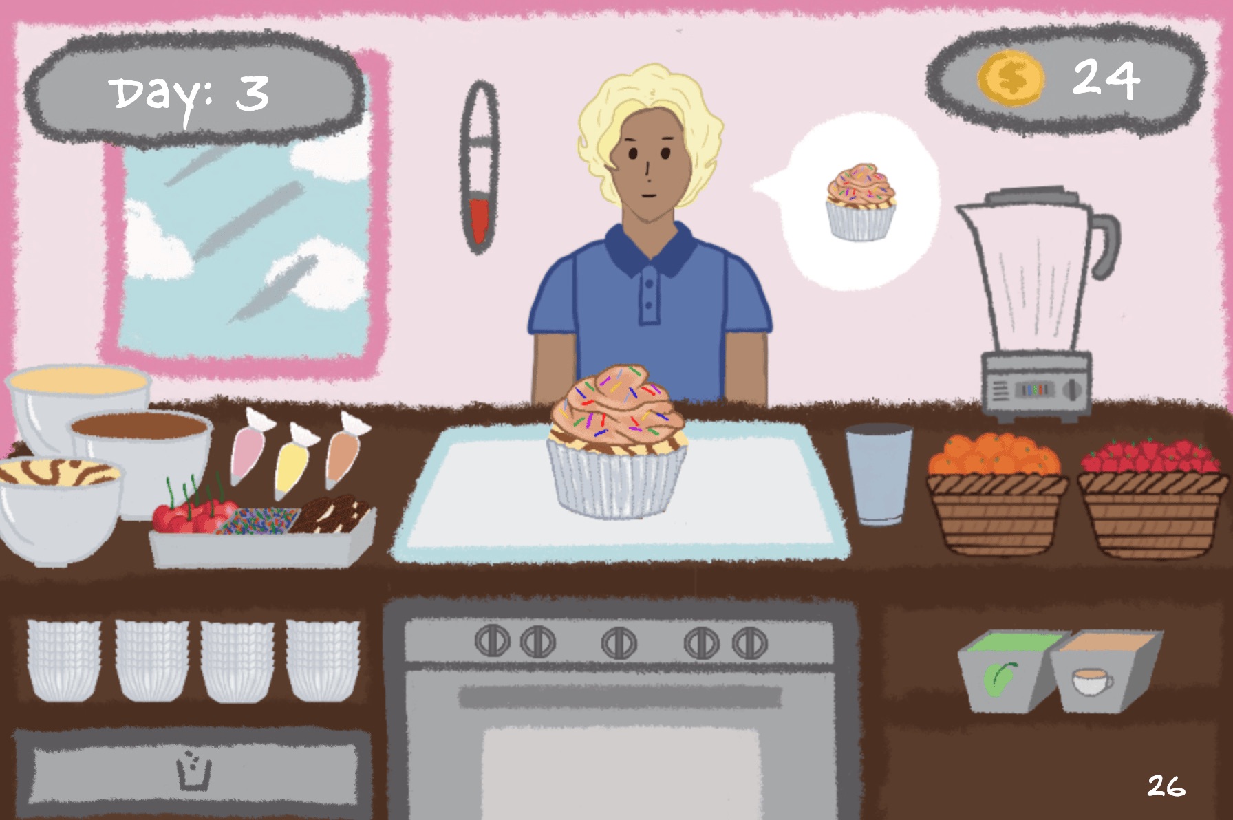 Finished-game screenshot — a sprinkle-topped cupcake sitting finished in the assembly zone, matching the customer's order bubble, with 24 coins earned