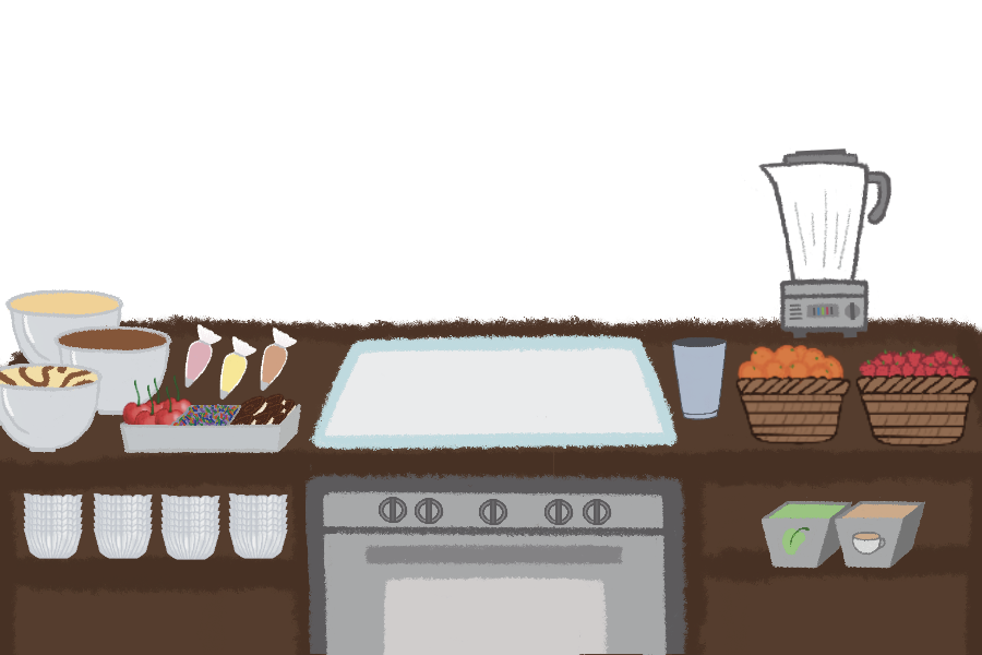 The prep counter interior — bowls of batter, cupcake liners, a tray of toppings, an oven, an empty assembly zone, a blender, and baskets of oranges and strawberries
