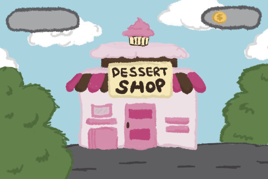 Illustrated exterior of the dessert shop — a pink building with a cupcake-shaped roof, a striped awning, and a Dessert Shop sign, flanked by trees