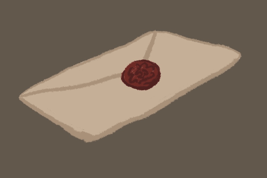 Grandma's letter, a sealed cream envelope with a dark red wax seal, sitting against a plain background