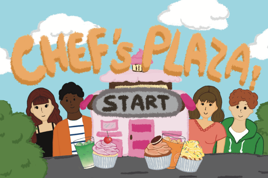 Chef's Plaza start screen, showing the hand-lettered logo above a pink cupcake-roofed shop, four customers, and a row of drinks and cupcakes on the counter