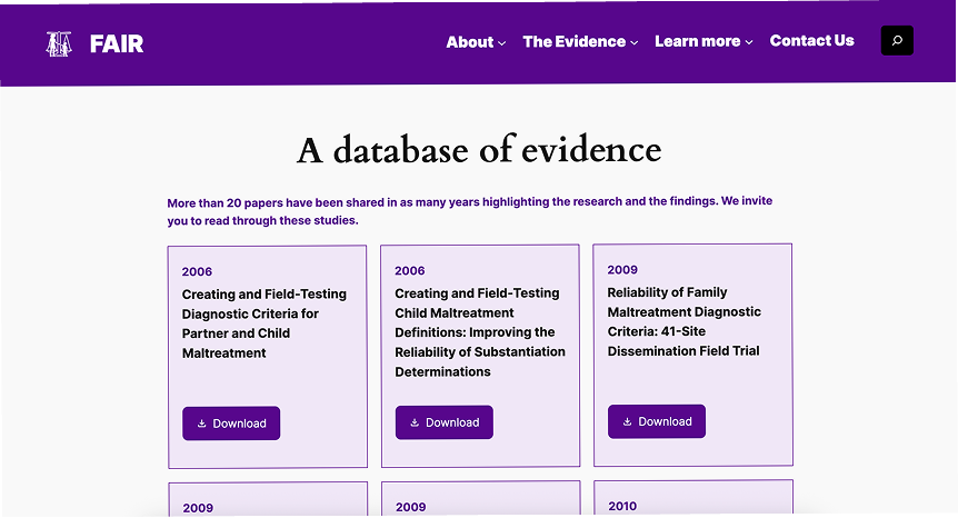 FAIR's 'A database of evidence' page: a grid of lavender cards, each with a publication year, a study title and a purple Download button
