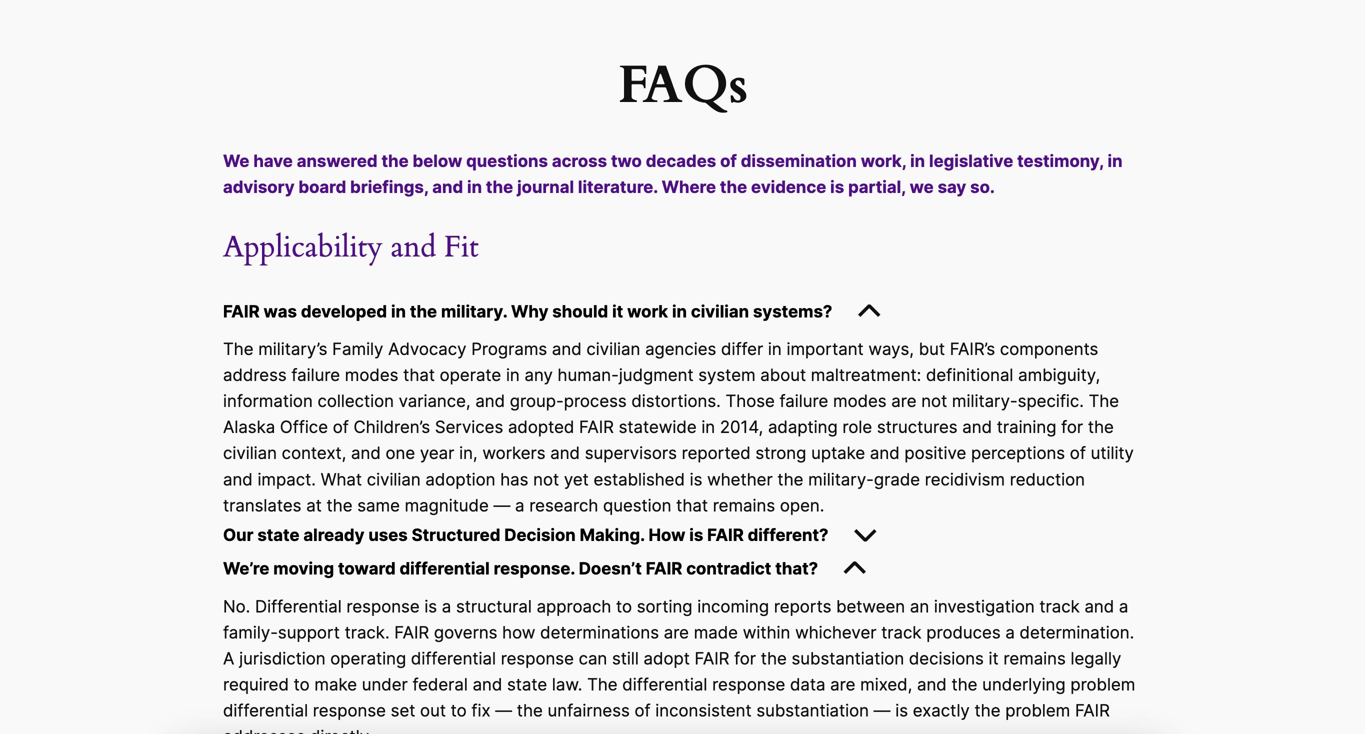 FAIR's FAQs page: a purple introduction, an 'Applicability and Fit' heading and expandable questions, some open with their answers and some collapsed