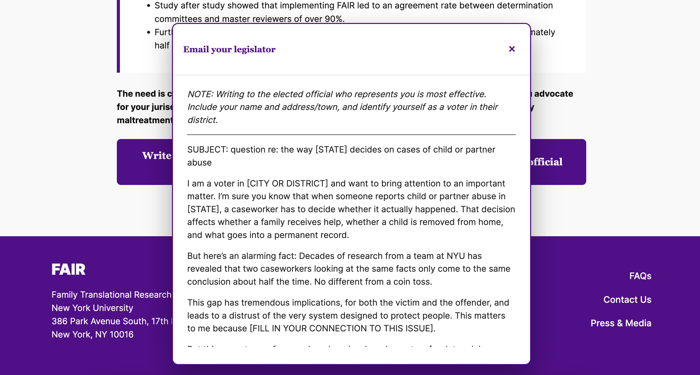 An 'Email your legislator' pop-up over the FAIR page, showing a short note on who to write to followed by a template email with fill-in fields for state and city