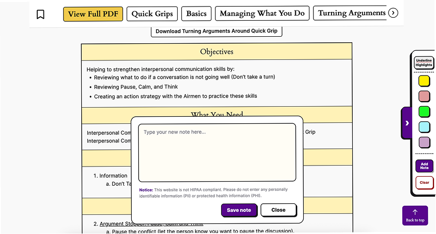 The add-note window open over a toolkit page: a large text area, a short notice about not entering identifying information, and Save note and Close buttons.