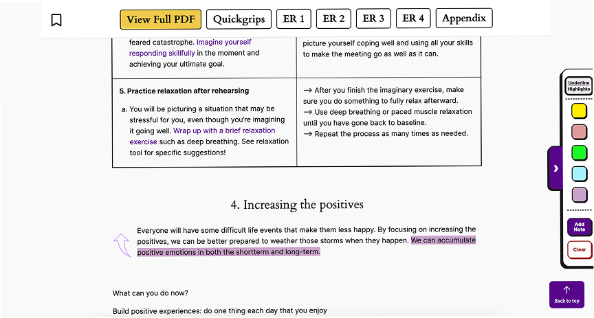 A toolkit page with a sticky top bar holding a bookmark button and section tabs, and an annotation toolbar on the right with five highlight colors, Add Note and Clear buttons. One sentence in the body text is highlighted in purple.
