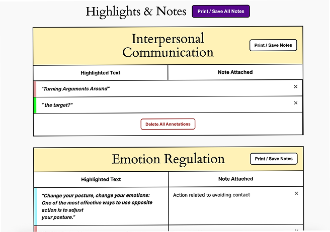My Library's 'Highlights & Notes' page: each toolkit has a yellow heading bar, a table of highlighted text beside any attached note, color-coded left edges, a delete button per row and Print / Save buttons.