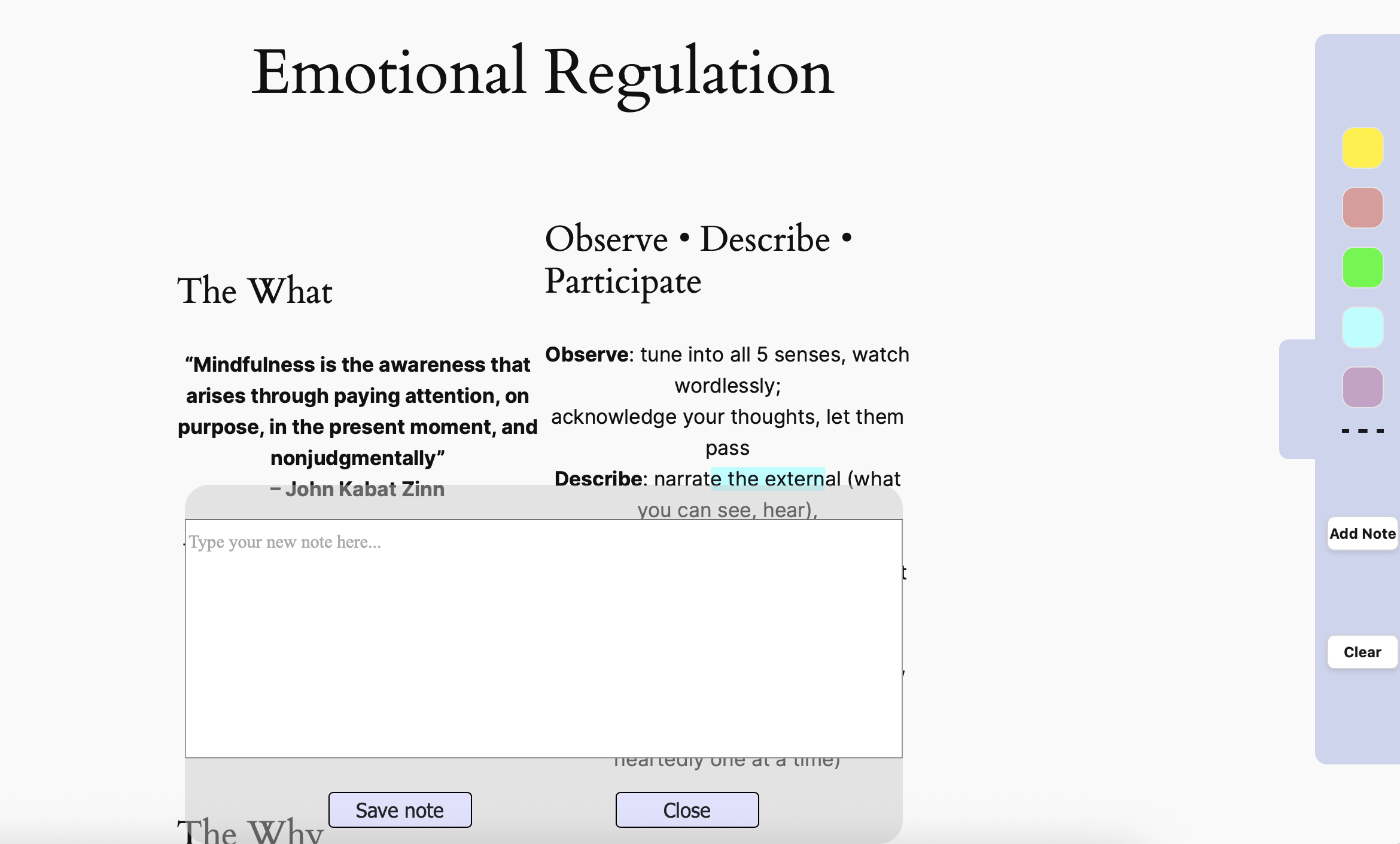 An early prototype of the annotation toolbar on an Emotional Regulation toolkit page: a plain lavender side panel with five highlight color swatches, Add Note and Clear buttons, and an unstyled note window with a text area, Save note and Close buttons.