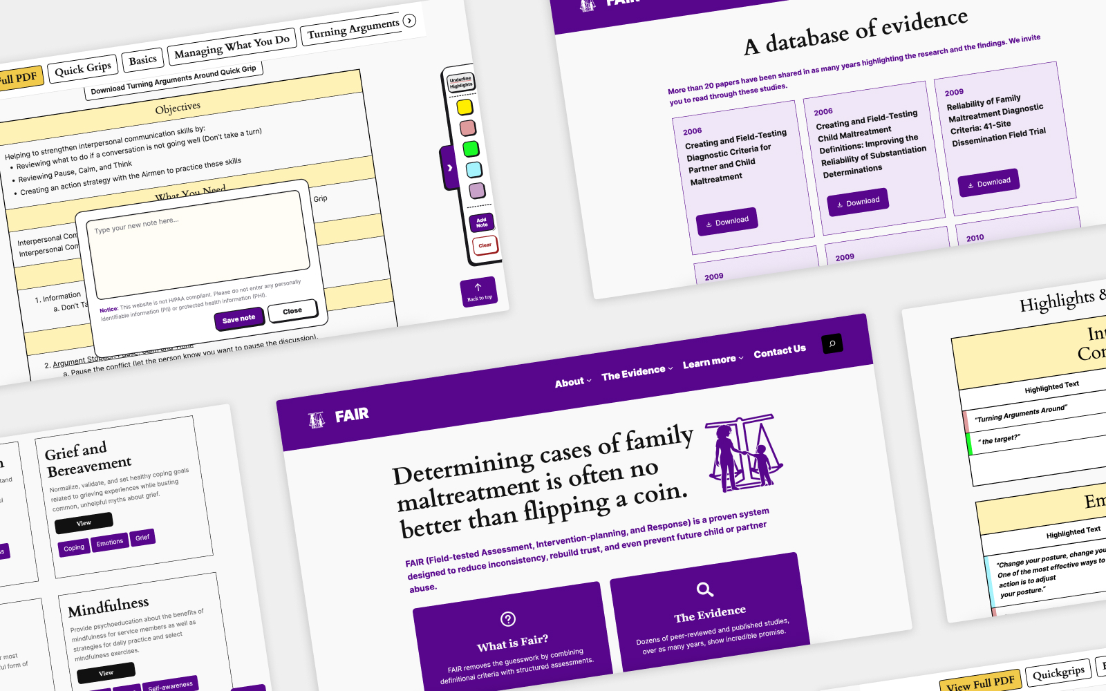 FAIR & IOS preview: screens from the FAIR homepage and evidence database and the IOS toolkit reader
