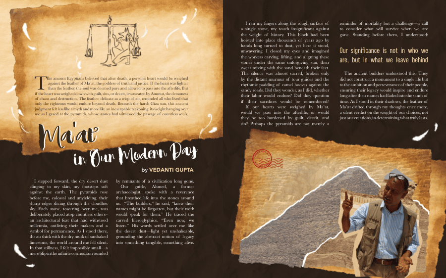 Ma'at in Our Modern Day, a travel essay by Vedanti Gupta about Giza, Baedeker magazine spread