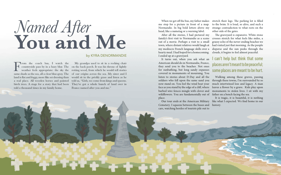 Named After You and Me, a travel essay by Kyra DeNormandie about Normandy, Baedeker magazine spread