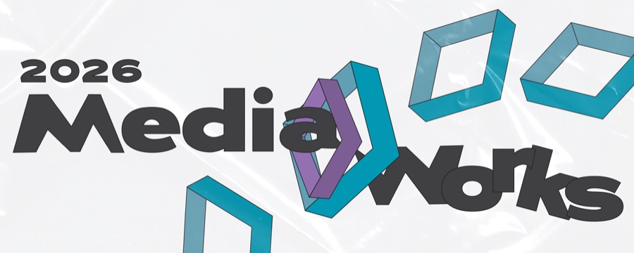 MediaWorks 2026 banner graphic with the mirrored M/W mark in teal and purple