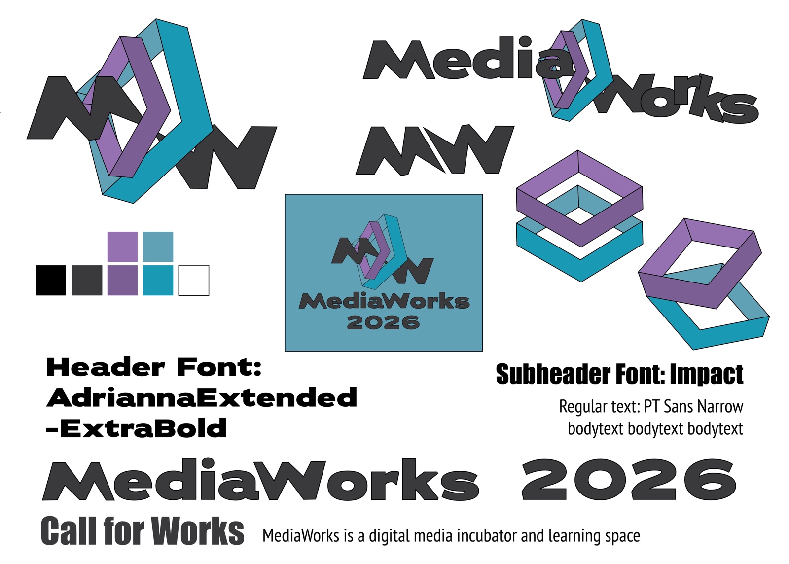 Design reference sheet showing the MediaWorks logo variations, wordmark lockups, color palette, and typography specs