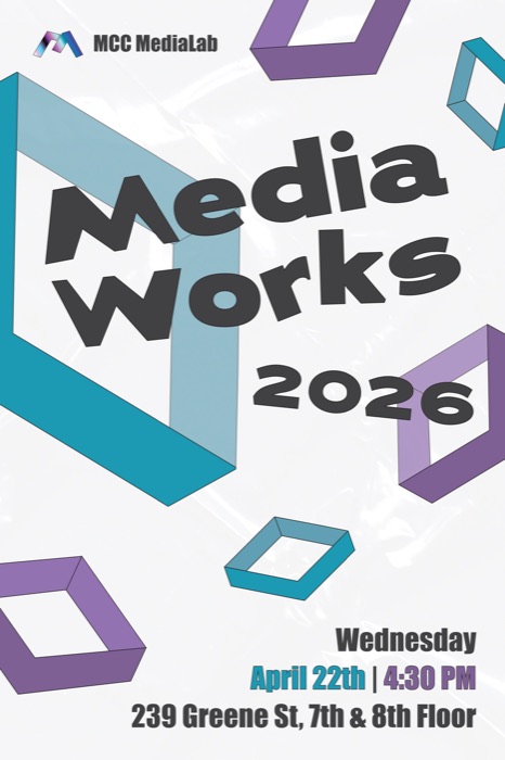 Final MediaWorks 2026 event poster, teal and purple diamond shapes, Wednesday April 22nd