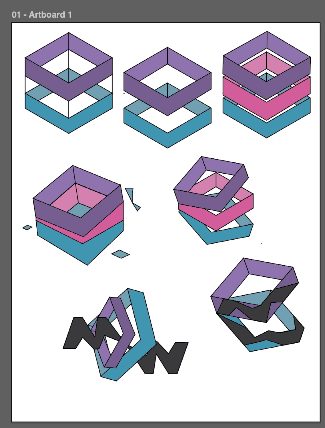 Process sketches exploring the mirrored M/W box mark in Illustrator, showing multiple color and arrangement variations