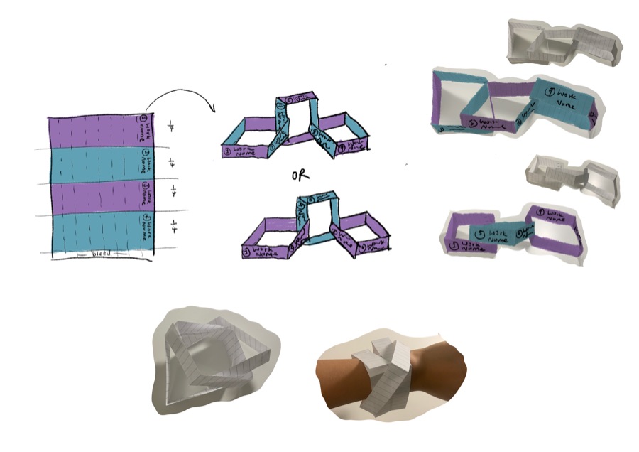 Early program concept using a connected chain of boxes referencing the MediaWorks identity