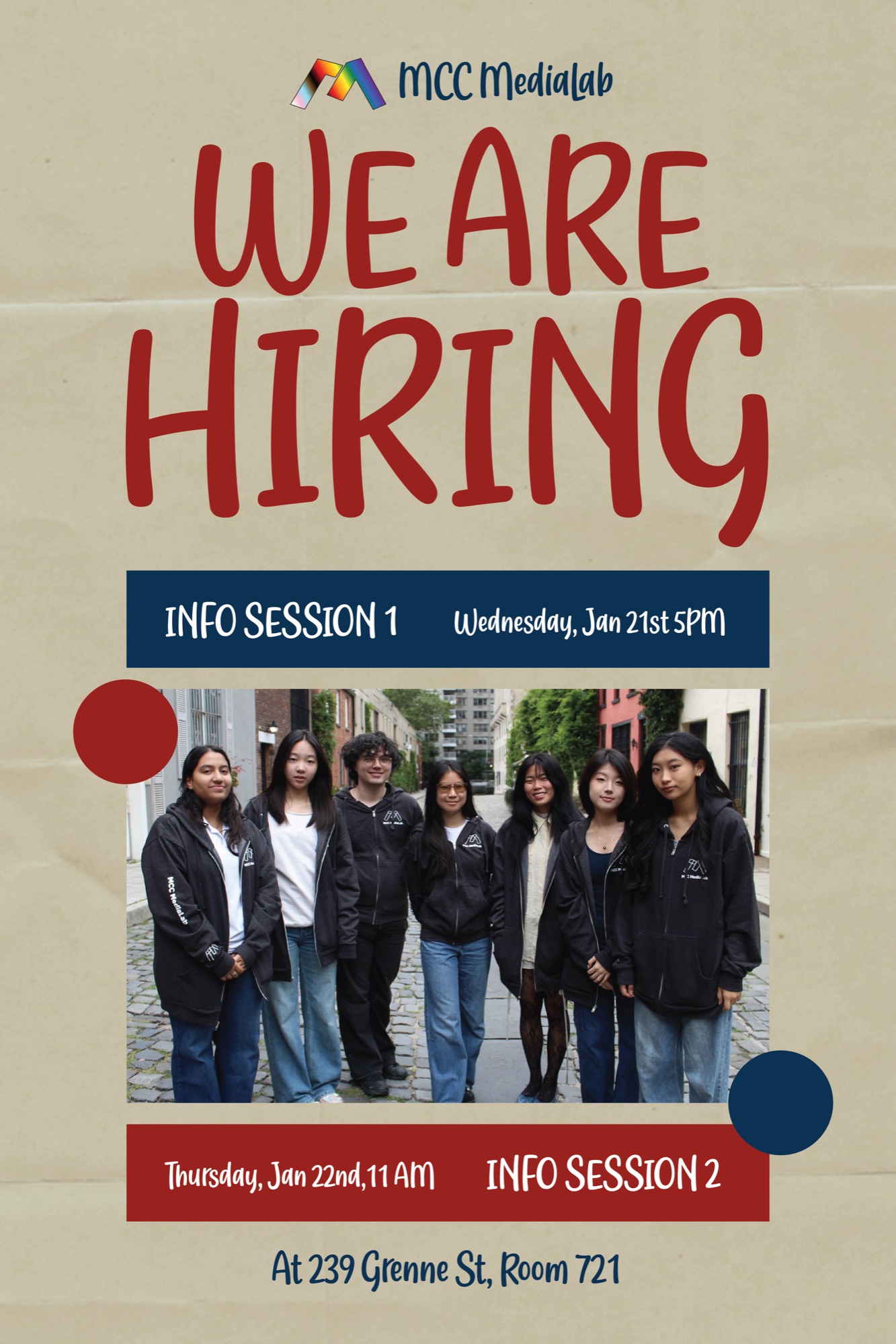 Hiring poster, cardboard background with navy and red info-session banners, January 2026 info sessions