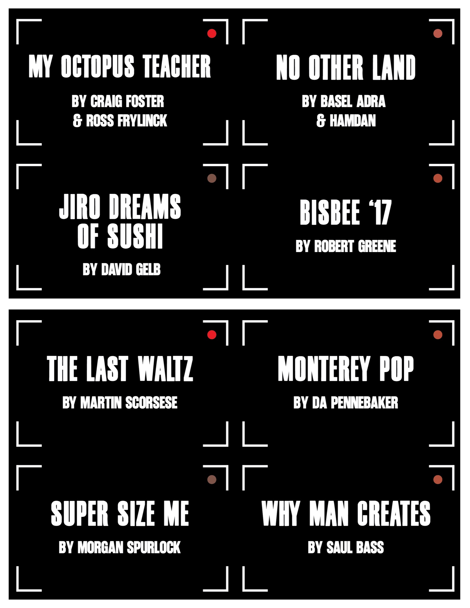 Demo of eight film info cards, front side, showing title and producer names for each documentary