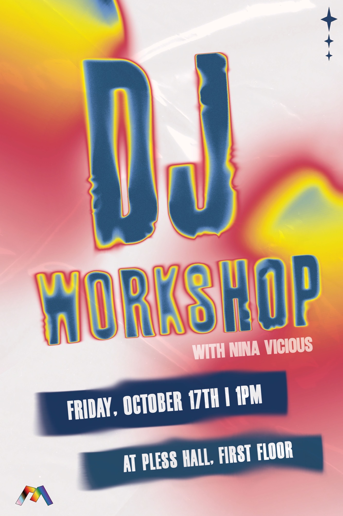 DJ Workshop poster, version 3, colorful gradient background with liquid-chrome lettering