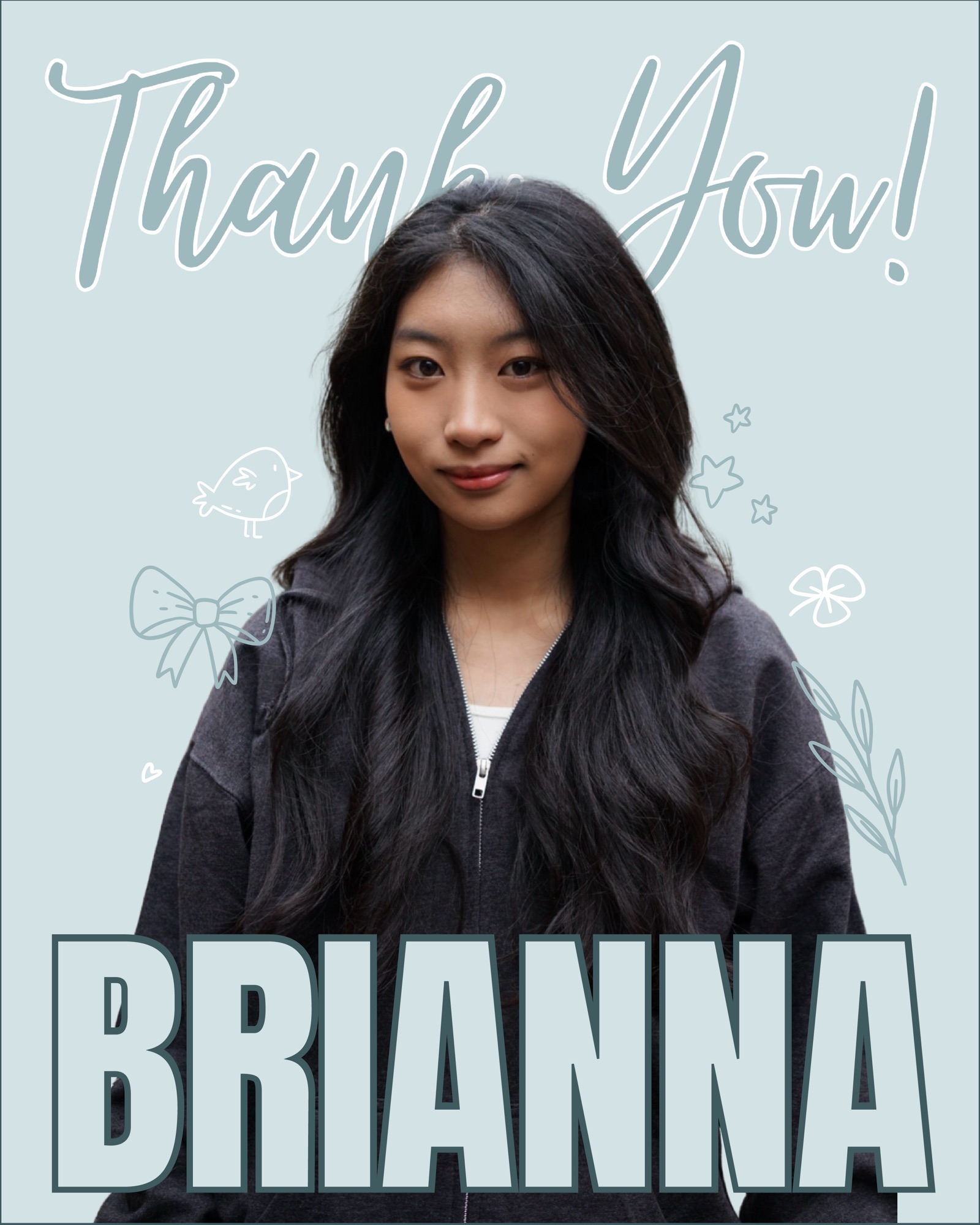 Thank-you card for Brianna Sun, blue background with doodled birds and stars