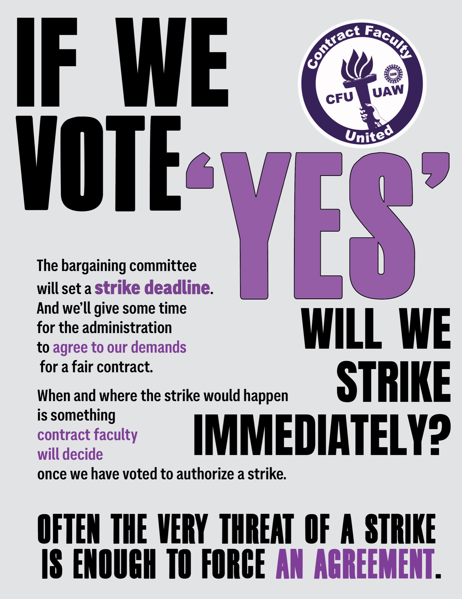 CFU-UAW flyer reading 'If we vote yes, will we strike immediately?'