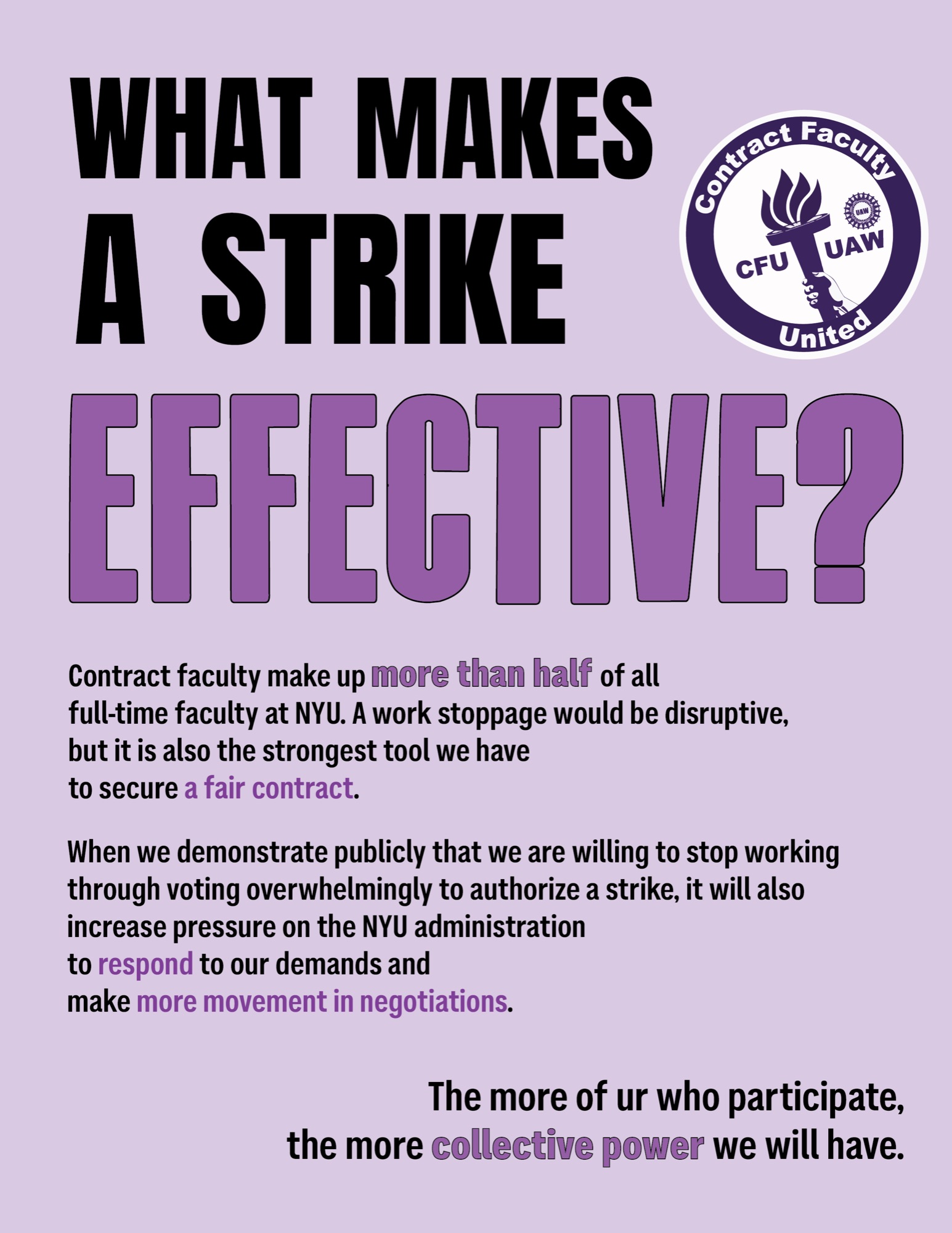 CFU-UAW flyer reading 'What makes a strike effective?'