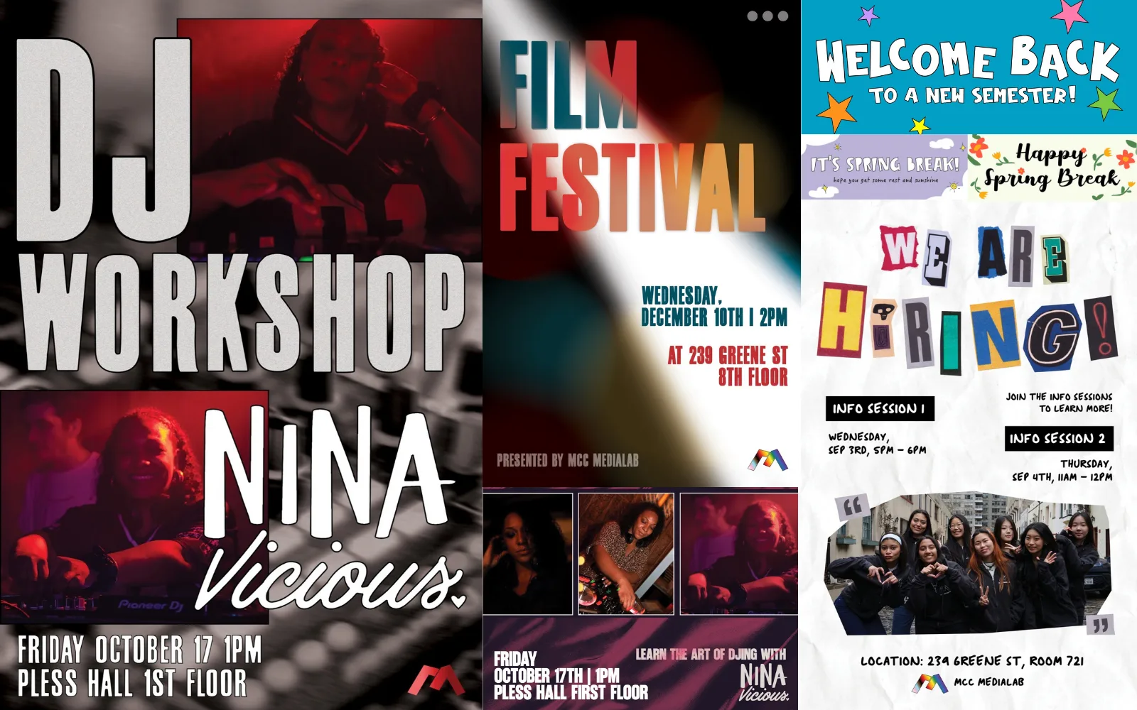 Collage of MCC MediaLab posters: DJ Workshop, Film Festival, Welcome Back and We Are Hiring