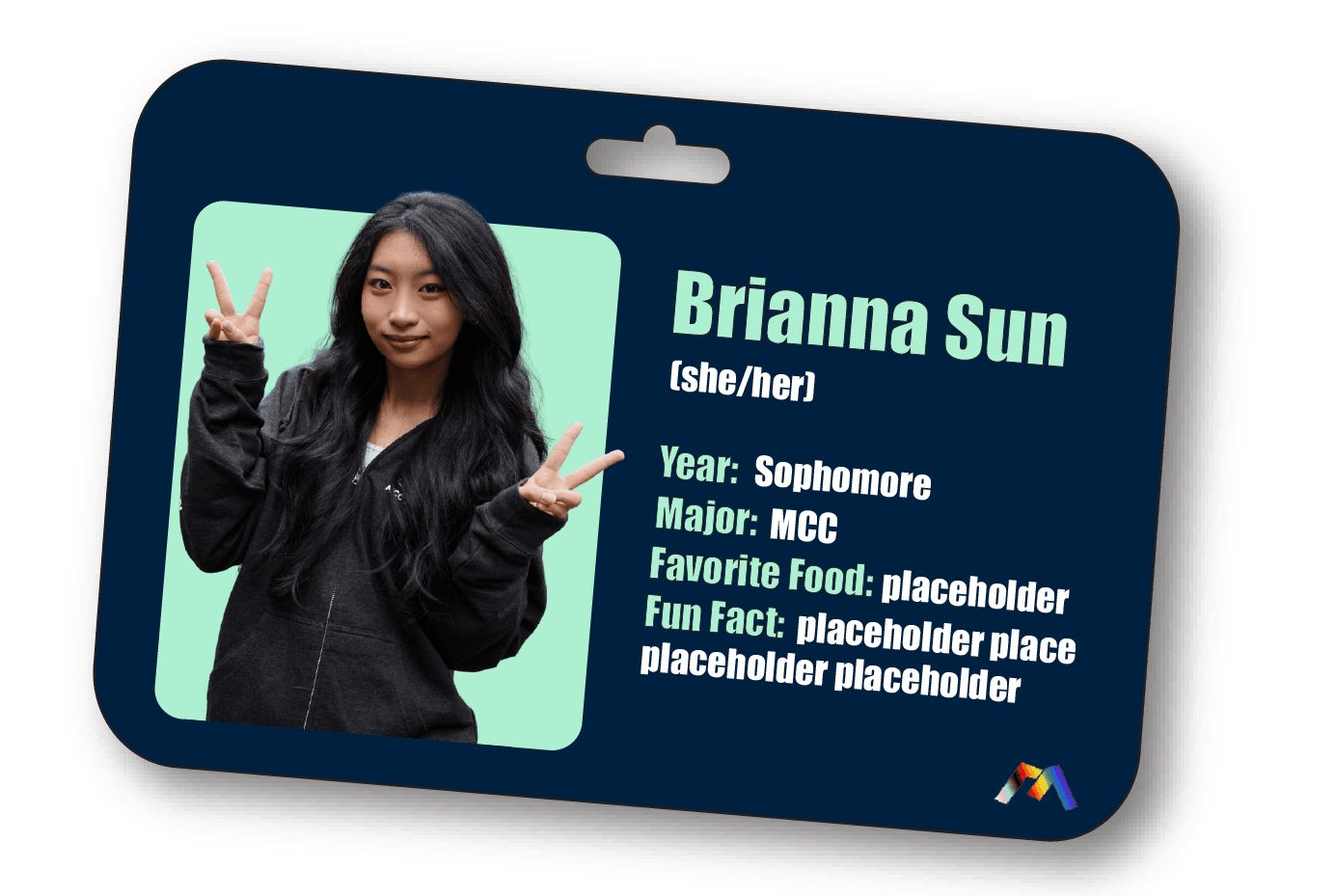 MediaLab new-member welcome card for Brianna Sun, navy and mint color palette