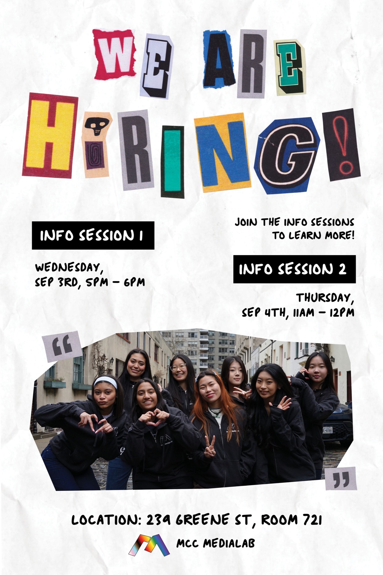 Hiring poster, torn-paper collage lettering, final export, Fall 2025 info sessions