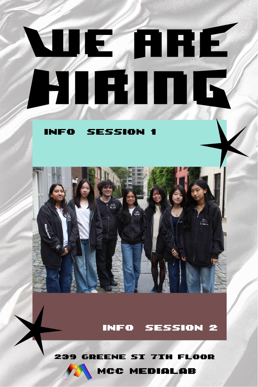 Hiring poster with a chrome and silk background, mint and mauve info-session panels